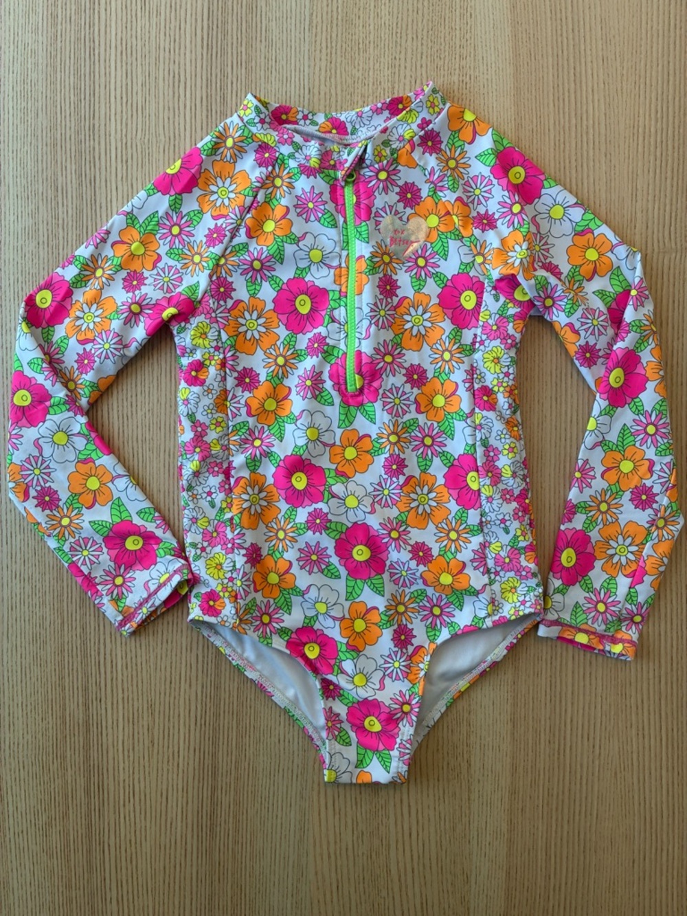 Betsey Johnson Kids Long Sleeve Floral Rash Guard Swimsuit - Pink & Orange